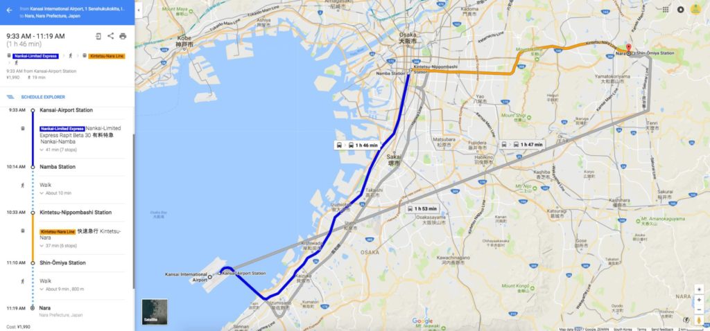 Google maps Kansai International airport KIX to Nara via Osaka Namba